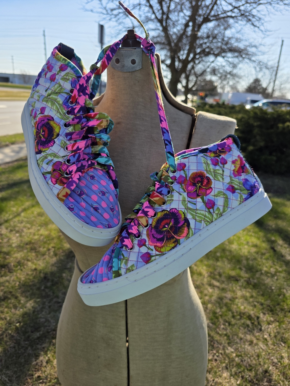 Hand Crafted Quilted High-Top Sneakers - Pink, Purple & Green